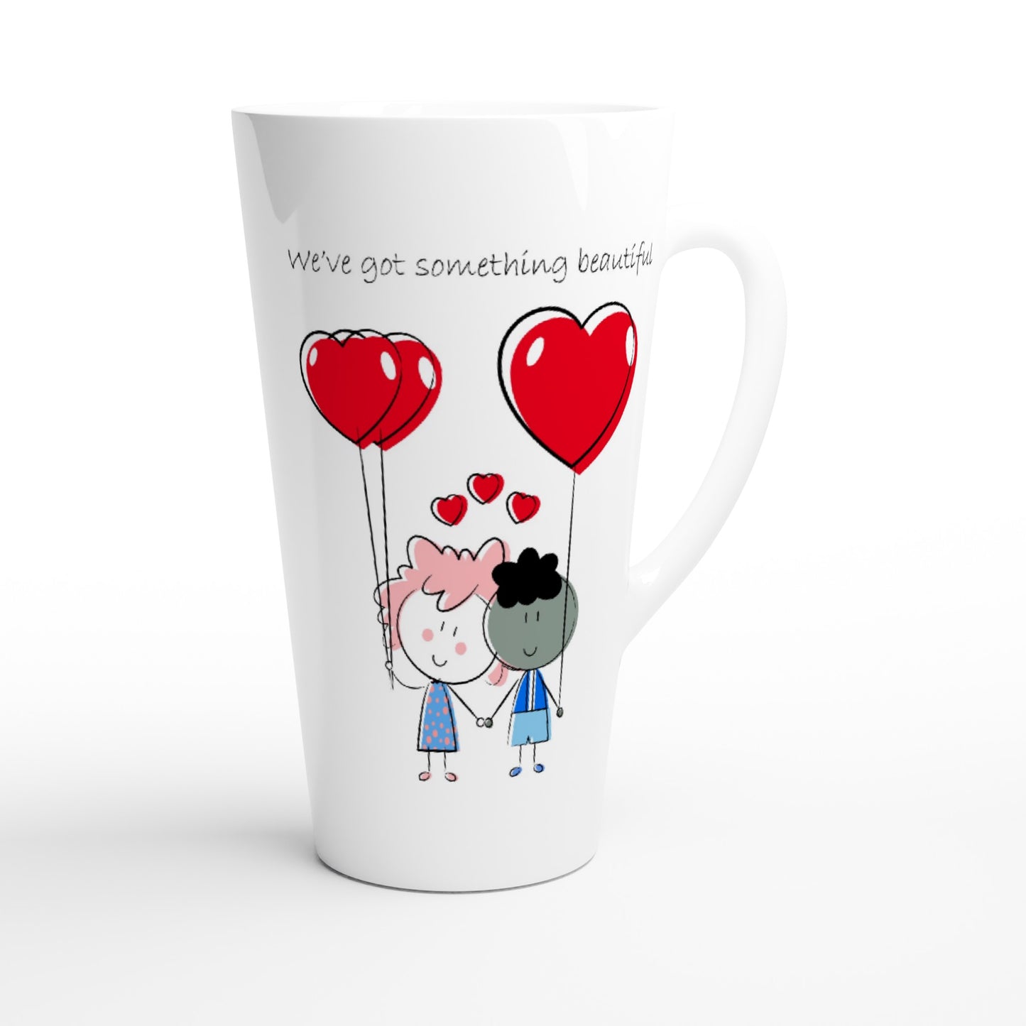 White Latte 17oz Ceramic Mug - White 15oz Ceramic Mug - Couple Holding Heart Shaped Balloons - Valentine