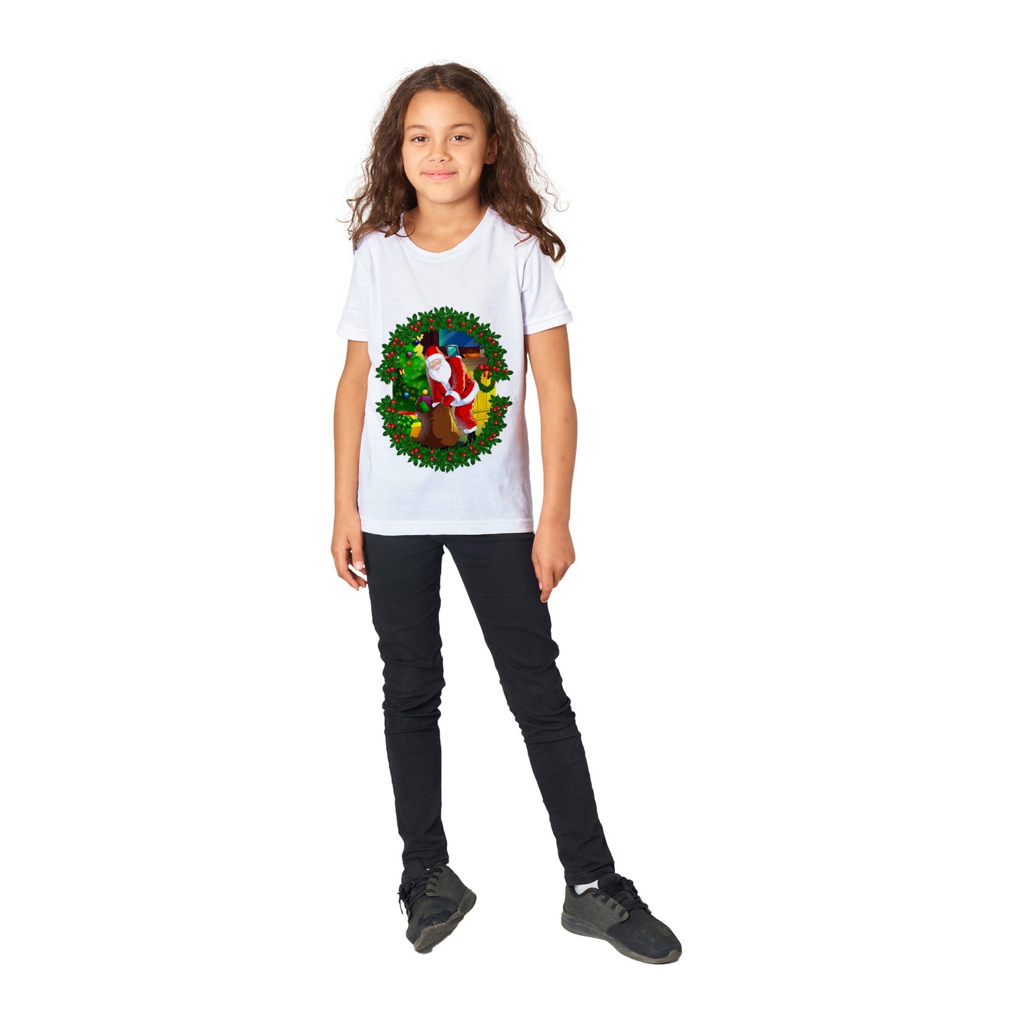 Premium Kids Crewneck T-shirt Santa-fireplace-reath