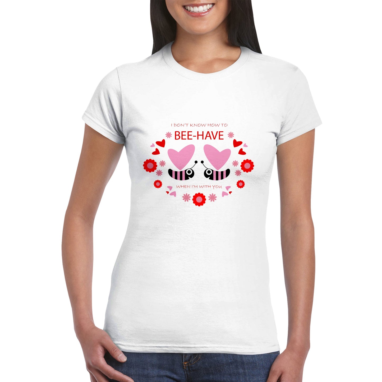 Classic Womens Crewneck T-shirt - Bees mirrored with Floral and Hearts - Valentine