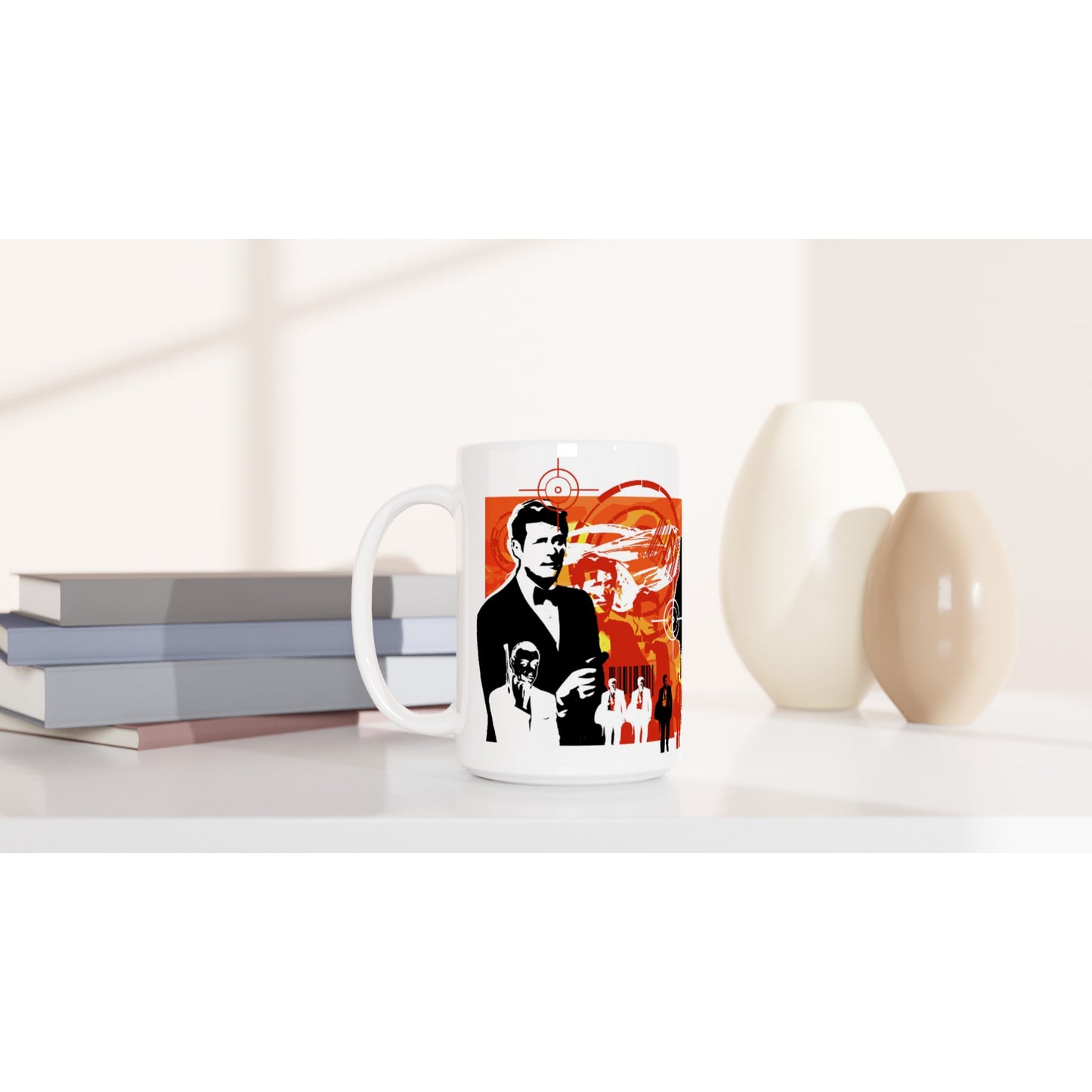 White 15oz Ceramic Mug - The Three Most Famous Bonds. Graphic Stencil