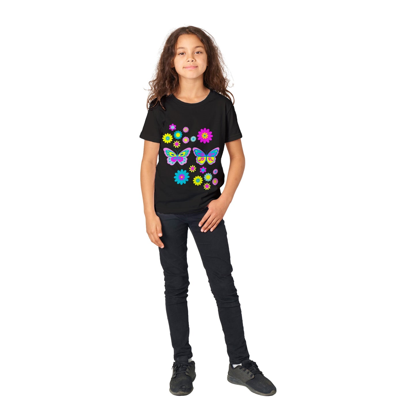 Premium Kids Crewneck T-shirt - Beautiful Graphic Floral and Butterflies in vibrant colours