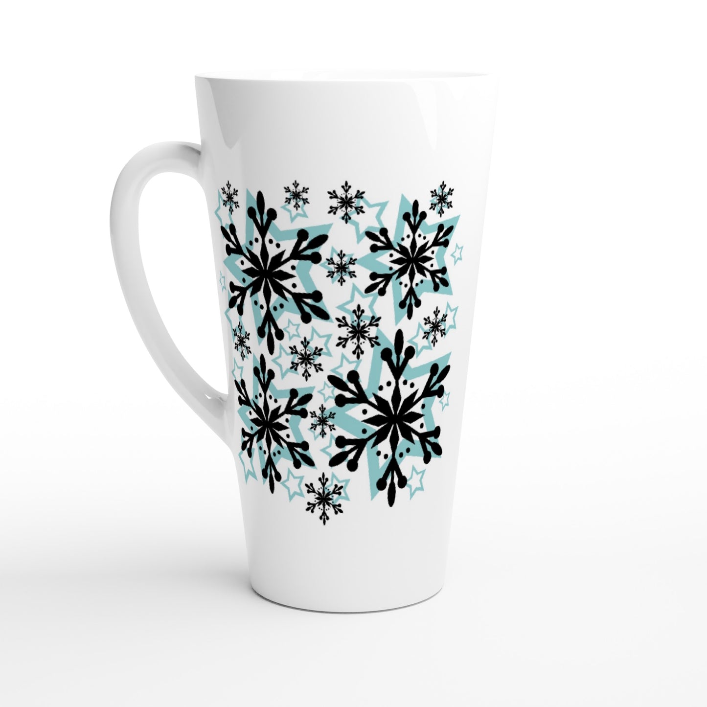 White Latte 17oz Ceramic Mug Snow Crystals and Blue Stars