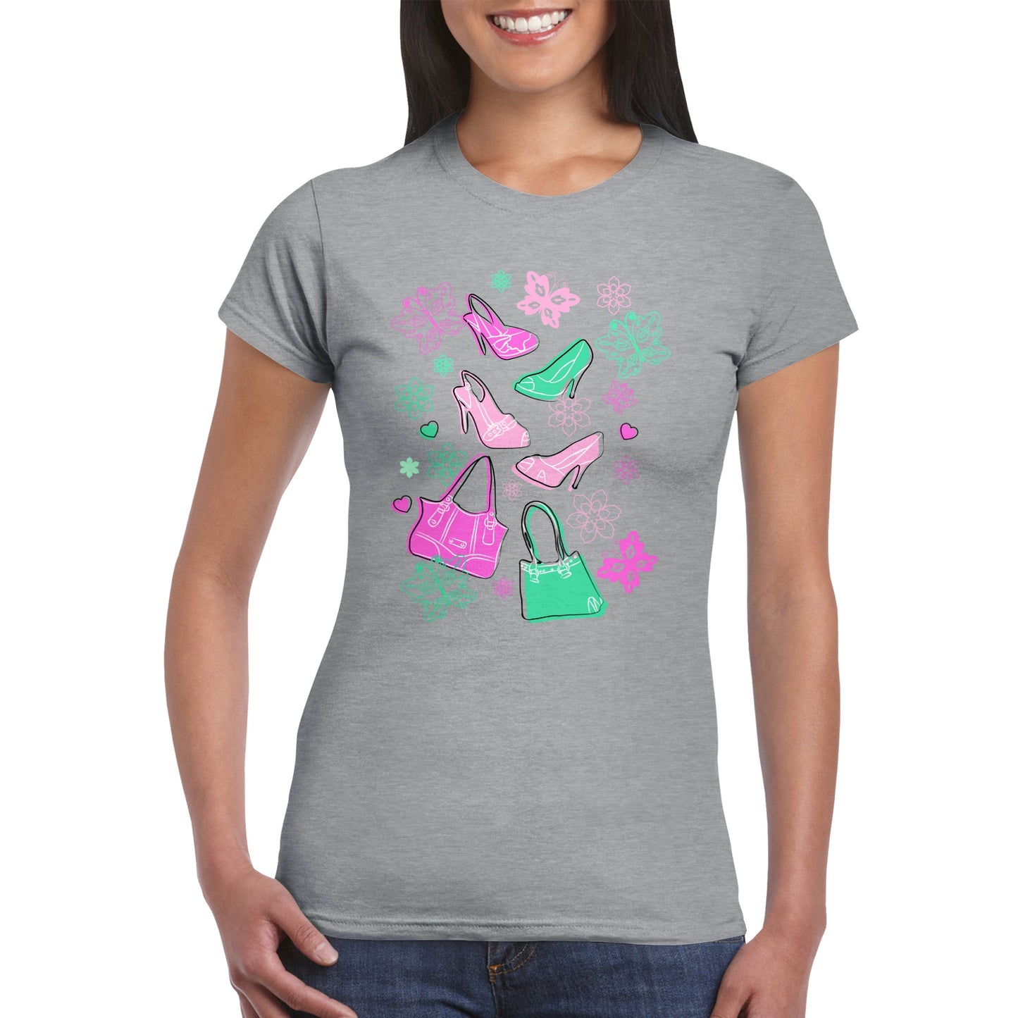 Classic Womens Crewneck T-shirt - Graphic Art of Shoes, Bags, Butterflies and Floral-Pink and Mint Colours