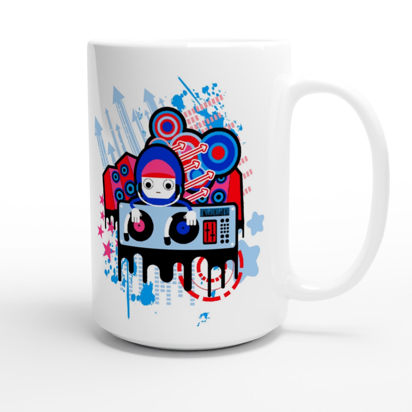 White 15oz Ceramic Mug - Graphic Cartoon of a DJ on two Decks....Blue, Red and Pink