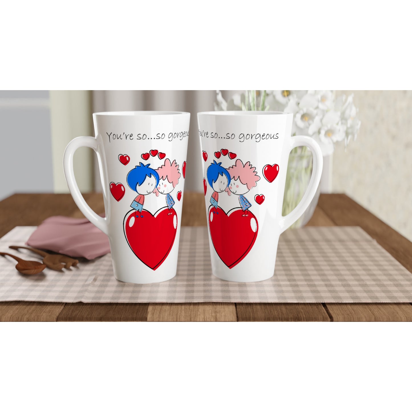 White Latte 17oz Ceramic Mug - Couple Gazing at Each Other On Heart - Valentine