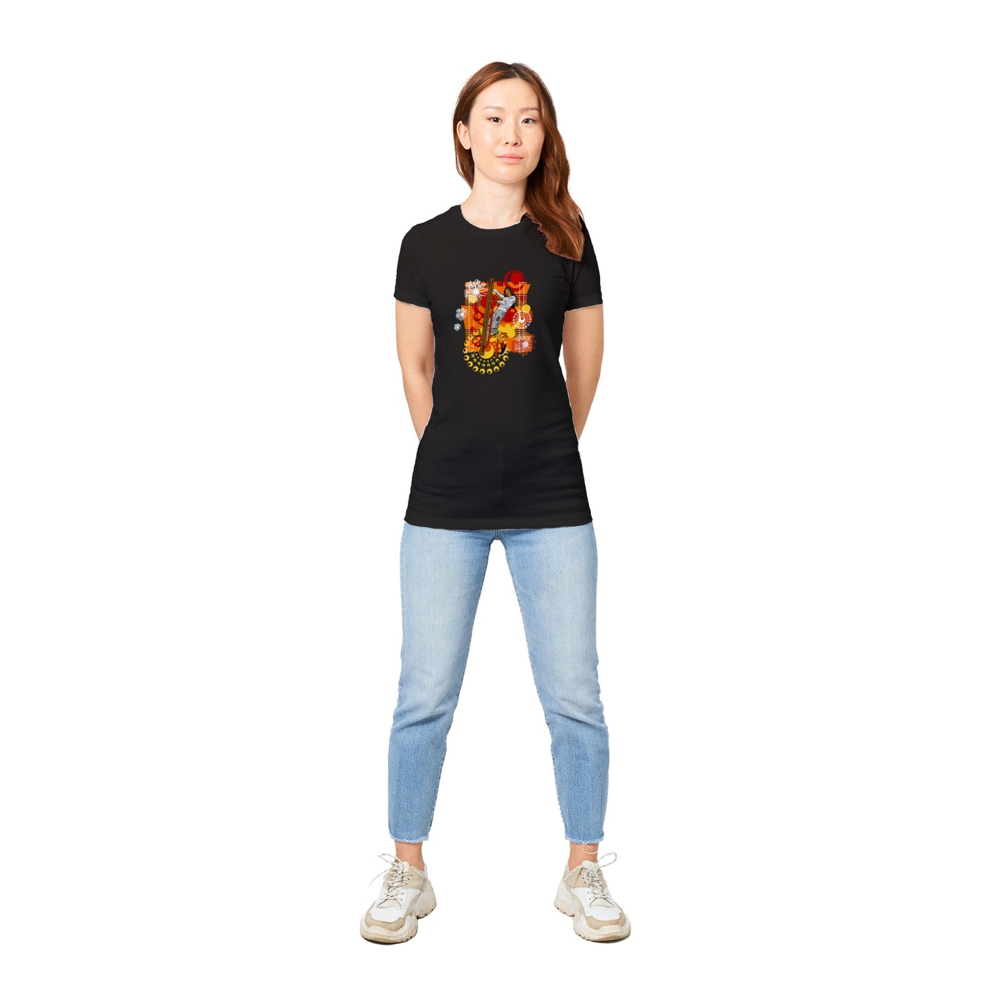 Premium Women's Crewneck T-shirt - Girl on wooden stands steps-Abstract Graphics Background