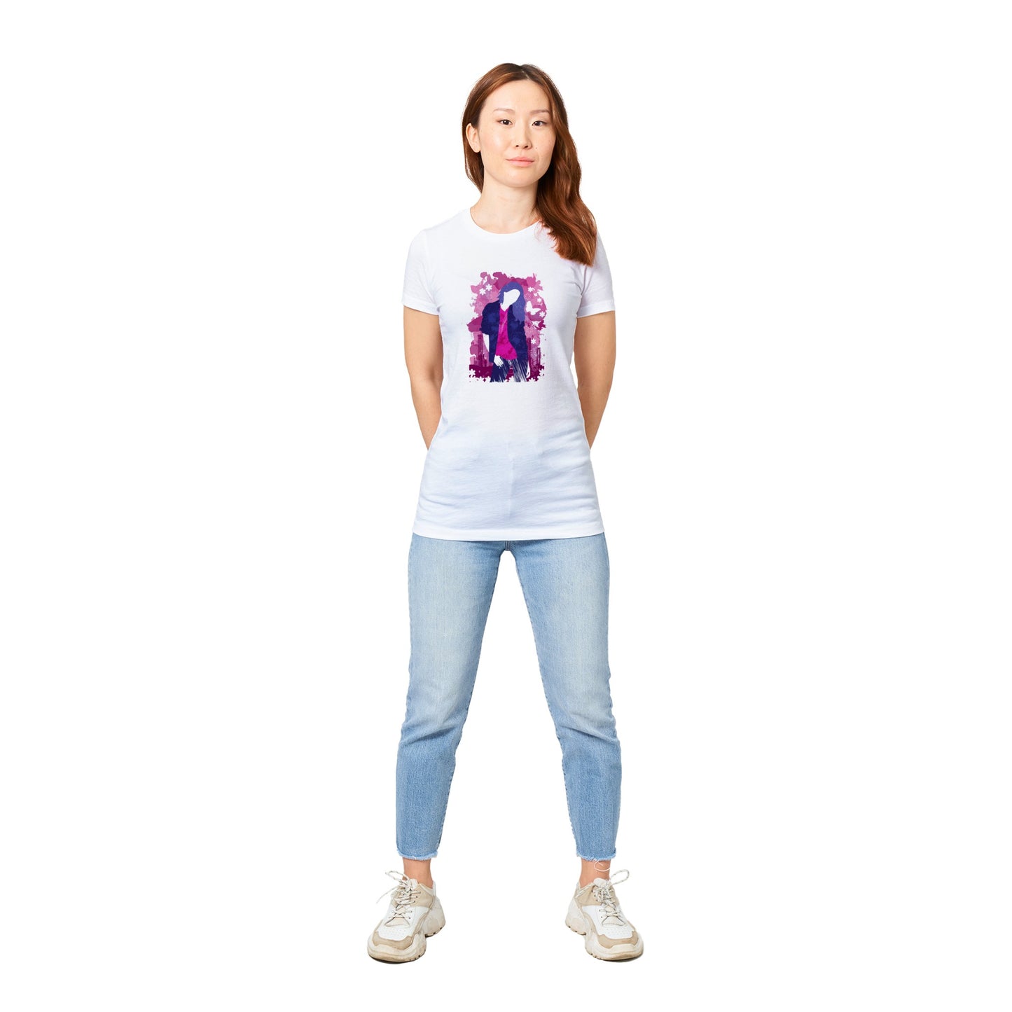 Premium Women's Crewneck T-shirt - Girl in Blue Jeans and Pink Shirt with City Skylines - Graphic Wash