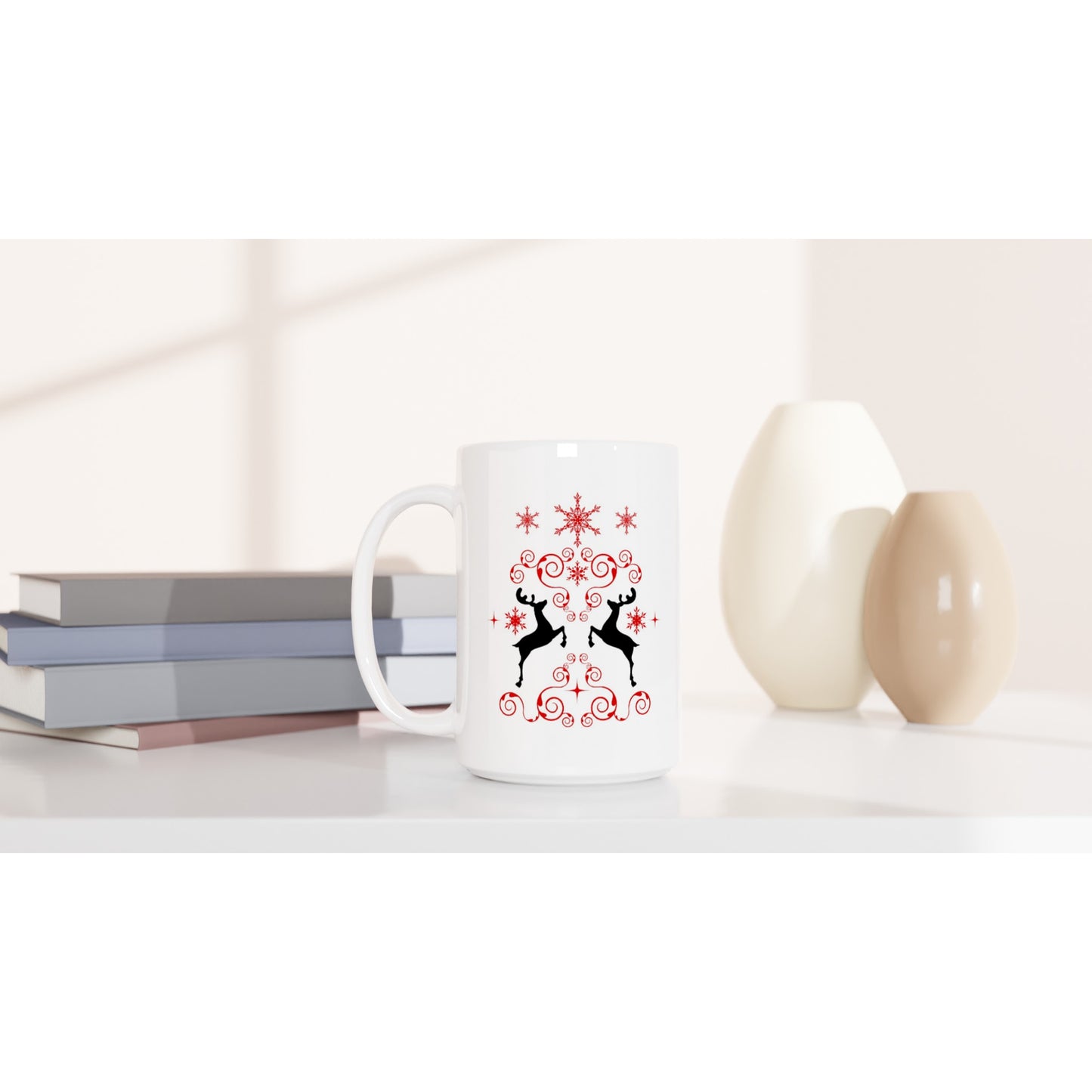 White 15oz Ceramic Mug reindeers-mirroring-snow crystals