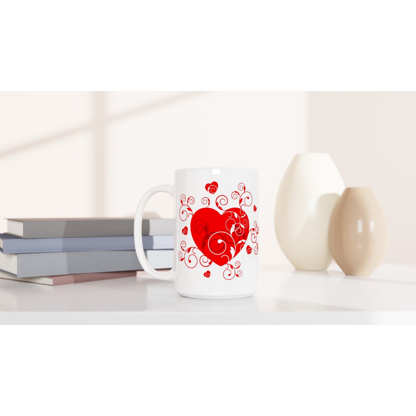 White 15oz Ceramic Mug - Beautiful Heart with Organic design - Valentine