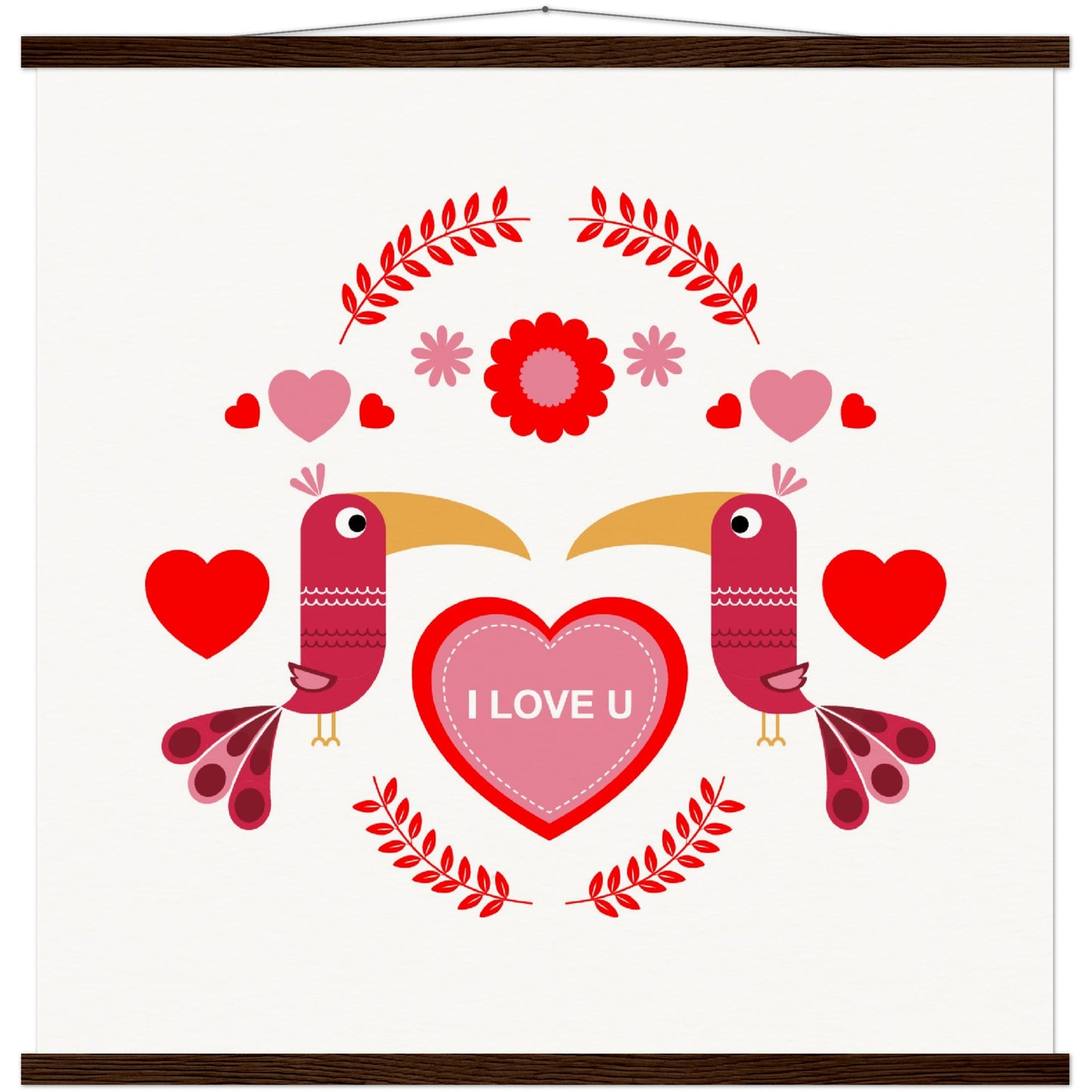 Museum-Quality Matte Paper Poster & Hanger - Birds Morrored with Floral-Botanical and Hearts - Valentine