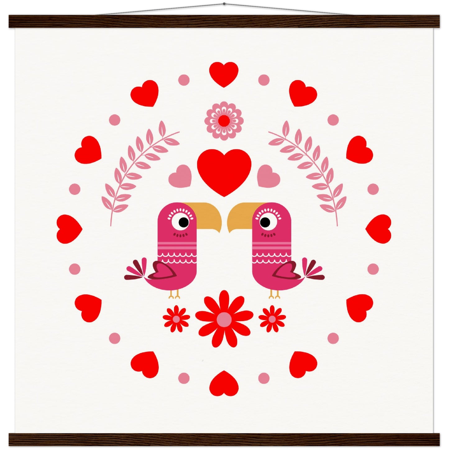 Museum-Quality Matte Paper Poster & Hanger - Birds Mirrored with Floral-Botanical and Circling Hearts - Valentine