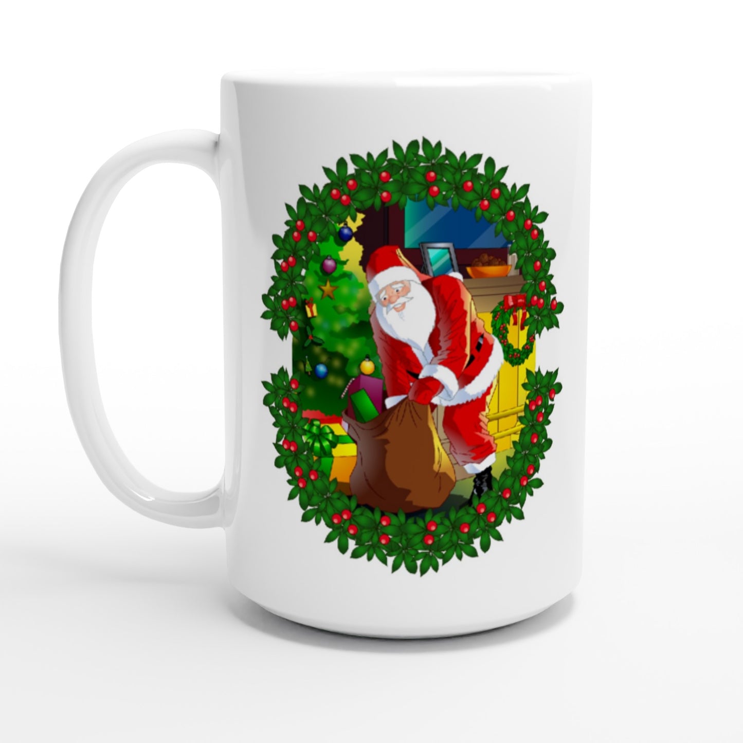 White 15oz Ceramic Mug Santa-fireplace-Reath