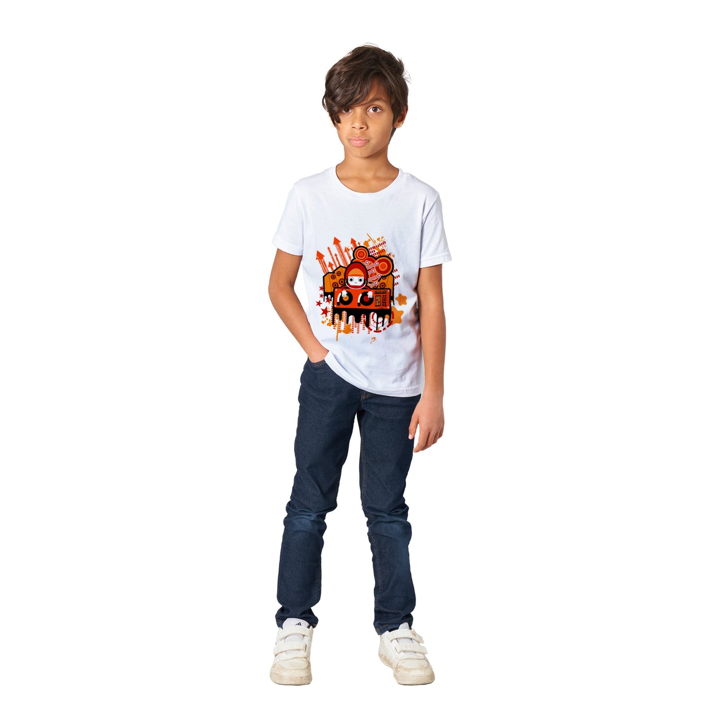 Premium Kids Crewneck T-shirt - Graphic Cartoon of a DJ on a Deck....Orange mixture.