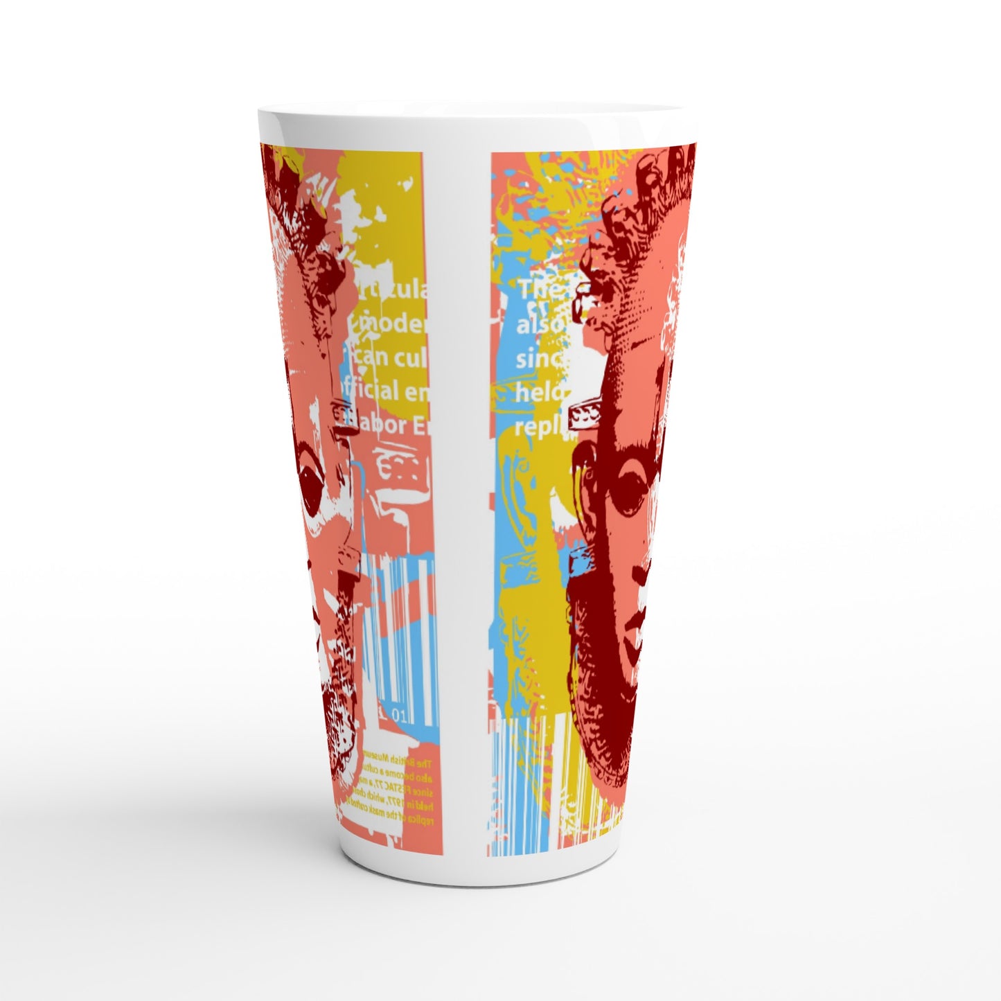 White Latte 17oz Ceramic Mug - Benin Mask. Graphic Stencil-Multi colour