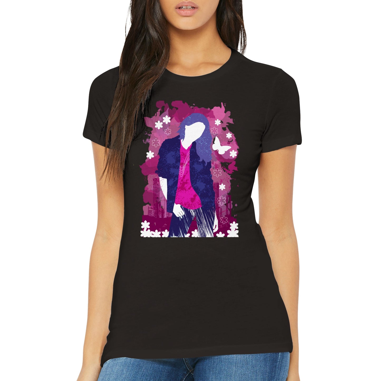 Premium Women's Crewneck T-shirt - Girl in Blue Jeans and Pink Shirt with City Skylines - Graphic Wash