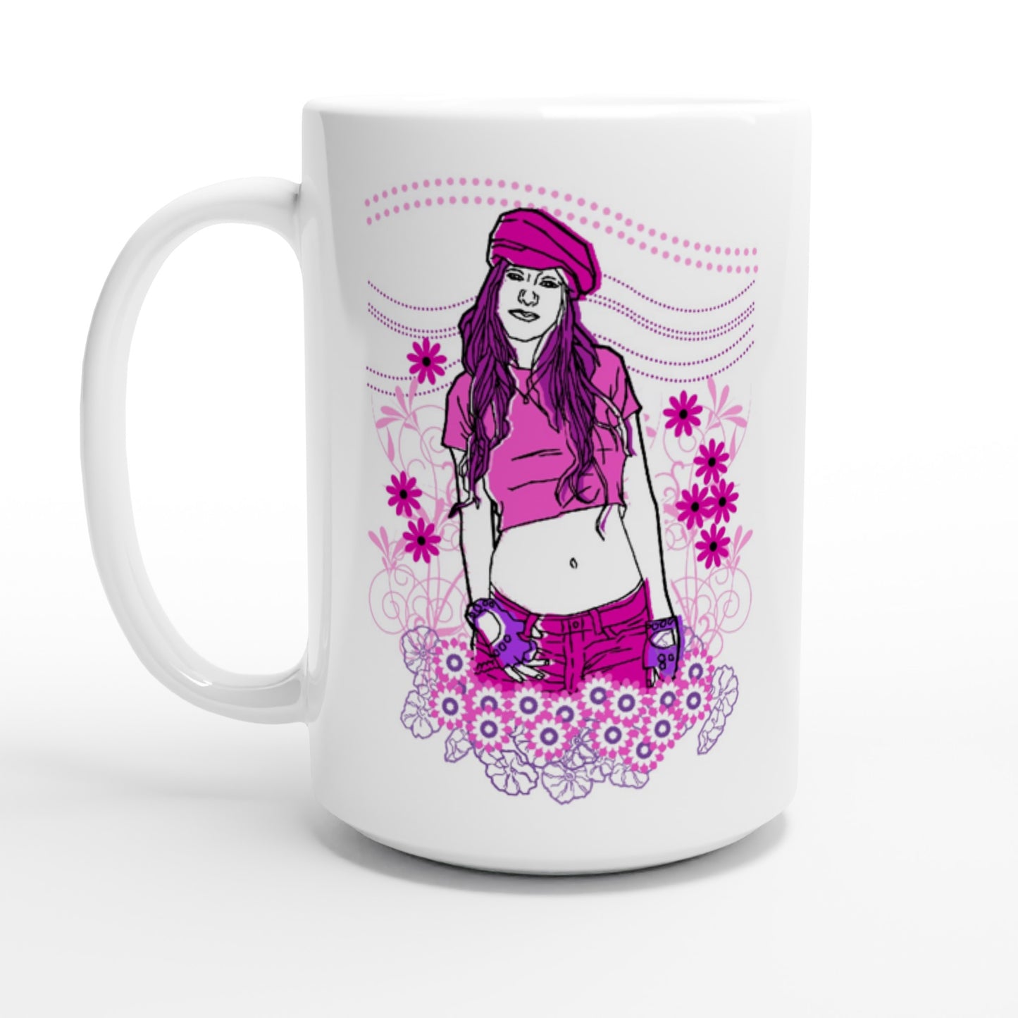 White 15oz Ceramic Mug - Girl In Pink-Nature And Floral