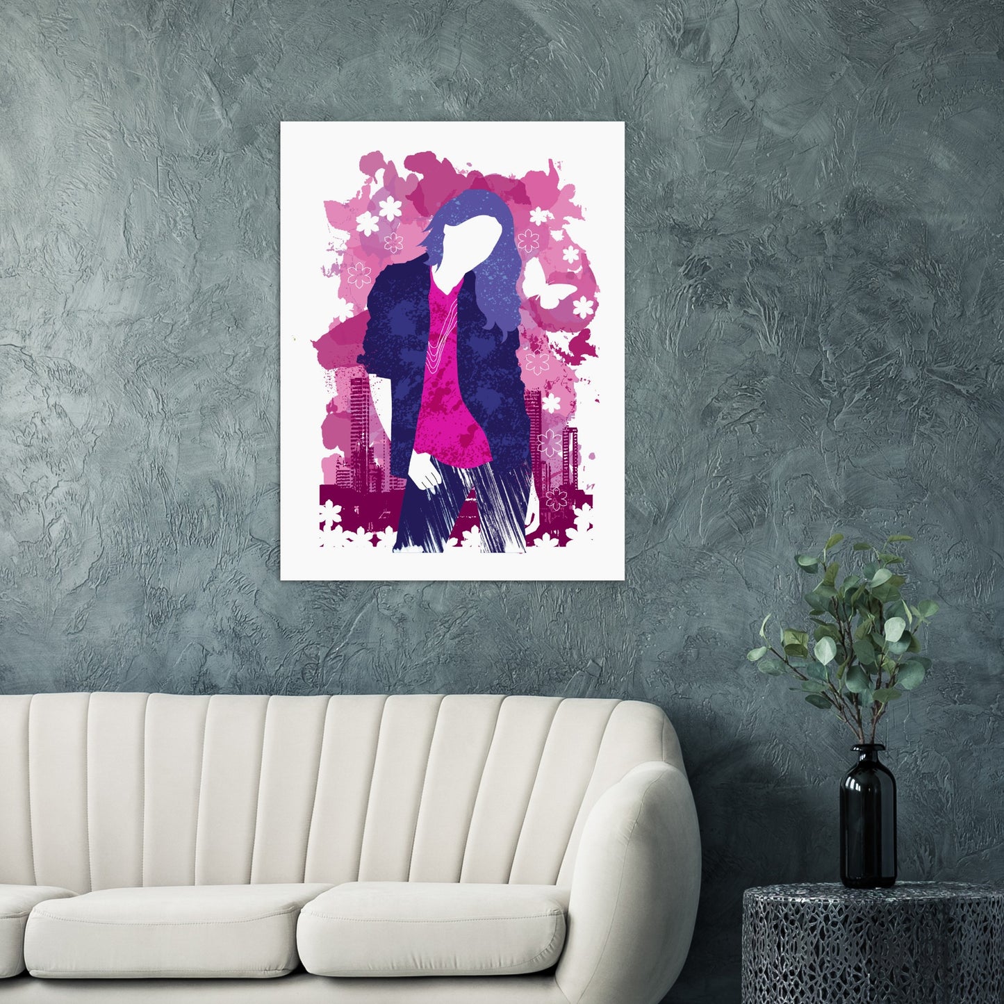 Premium Matte Paper Poster - Girl in Blue Jeans and Pink Shirt with City Skylines - Graphic Wash