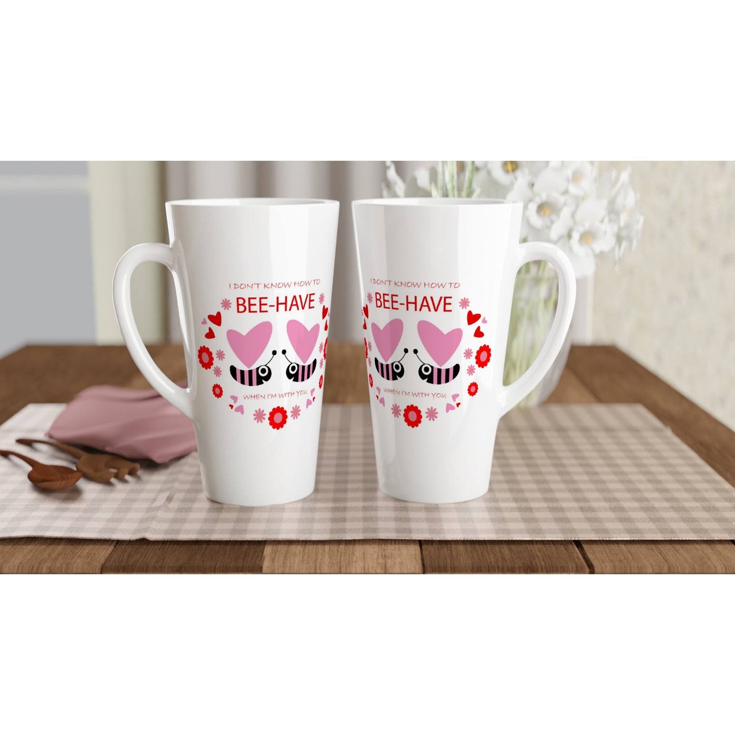 White Latte 17oz Ceramic Mug - Bees mirrored with Floral and Hearts - Valentine