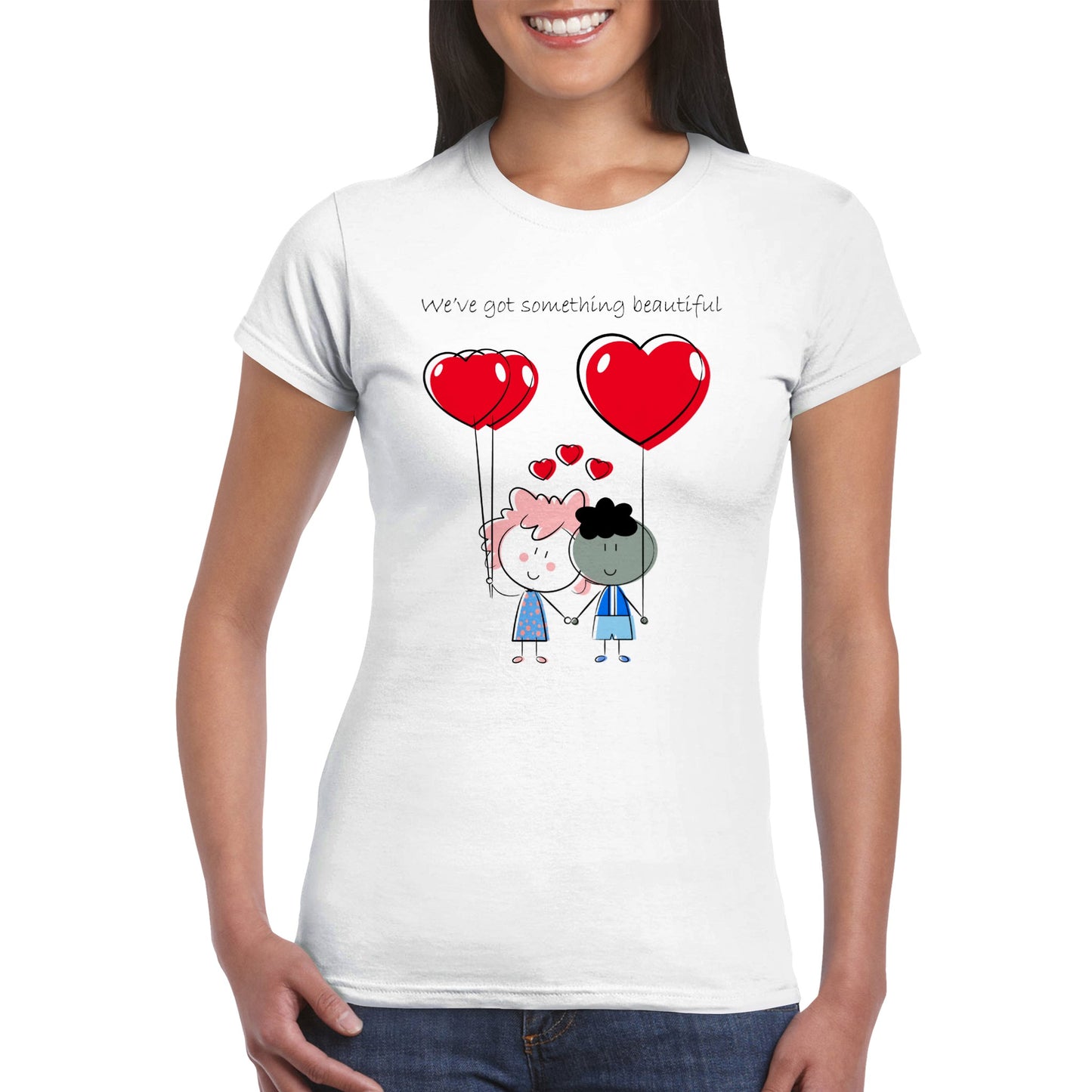 Classic Womens Crewneck T-shirt - Couple Holding Heart Shaped Balloons - Valentine