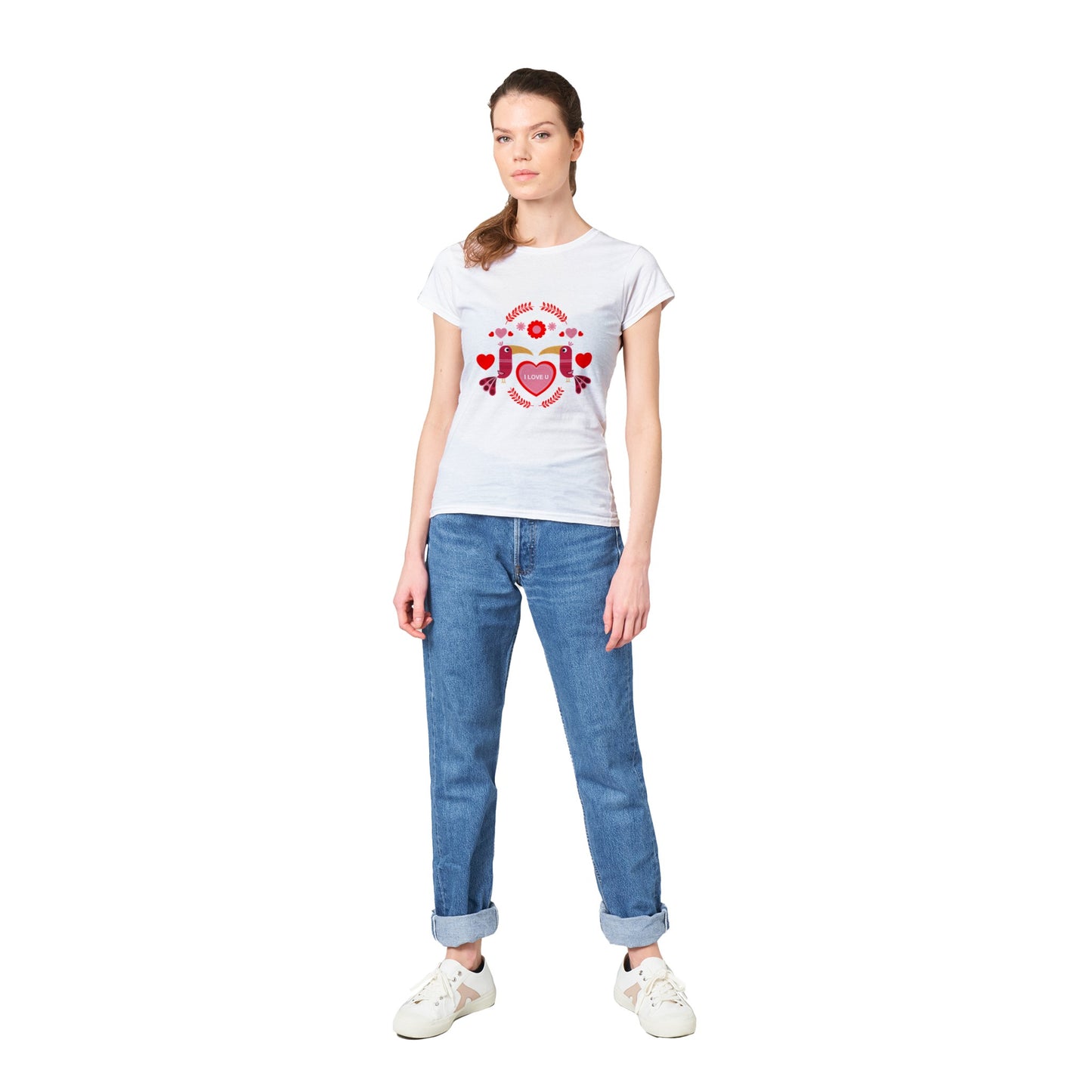 Classic Womens Crewneck T-shirt - Birds Mirrored with Floral-Botanical and Circling Hearts - Valentine