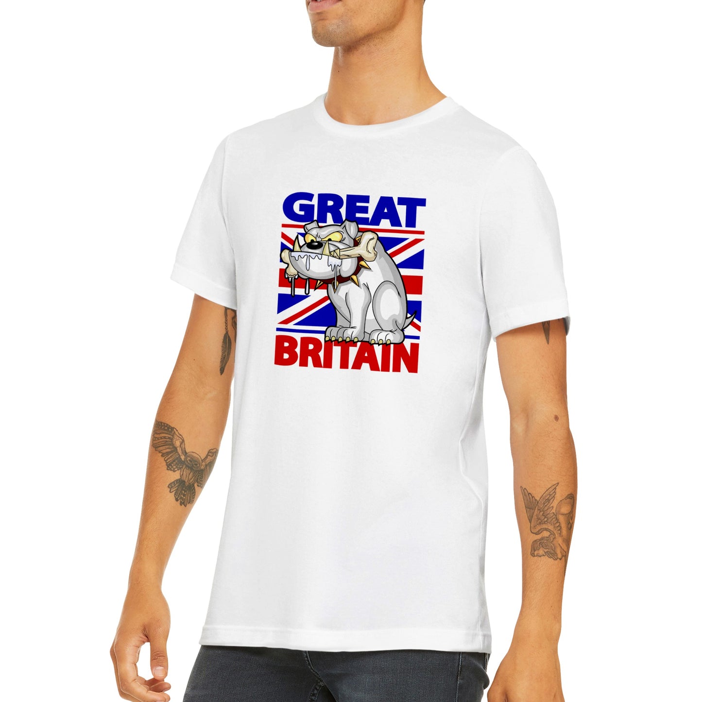 Premium Unisex Crewneck T-shirt - Cartoon Bulldog with bone and Union Jack Flag