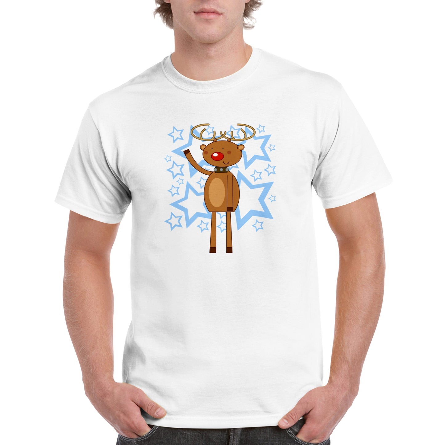 Men's Heavyweight Unisex Crewneck T-shirt Rudolf waving-Stars - Cartoon