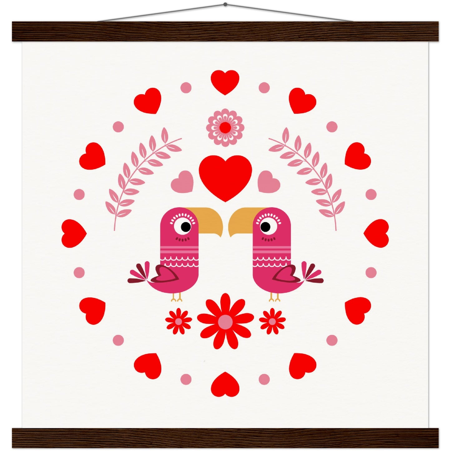 Museum-Quality Matte Paper Poster & Hanger - Birds Mirrored with Floral-Botanical and Circling Hearts - Valentine