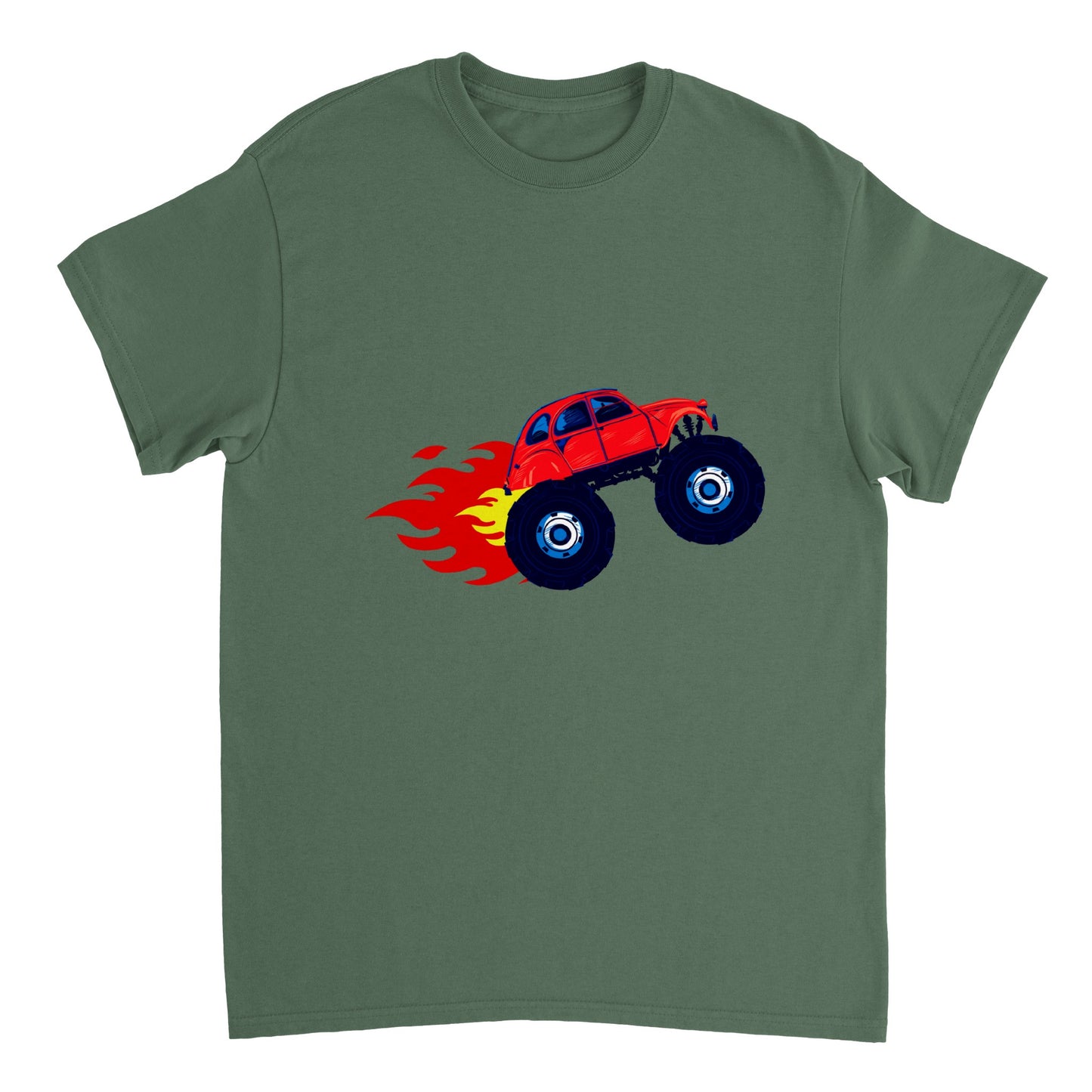 Heavyweight Unisex Crewneck T-shirt - Monster Truck -2CV with Fire Blaze