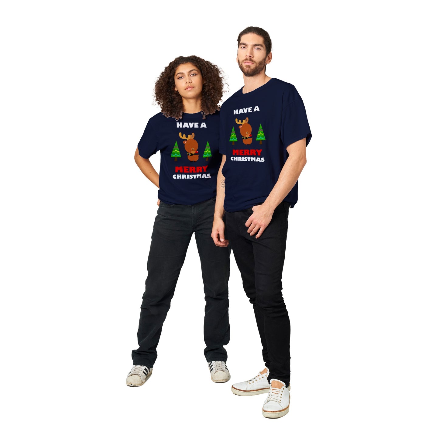 Womens Heavyweight Unisex Crewneck T-shirt Baby looking Rudolf with Christmas trees