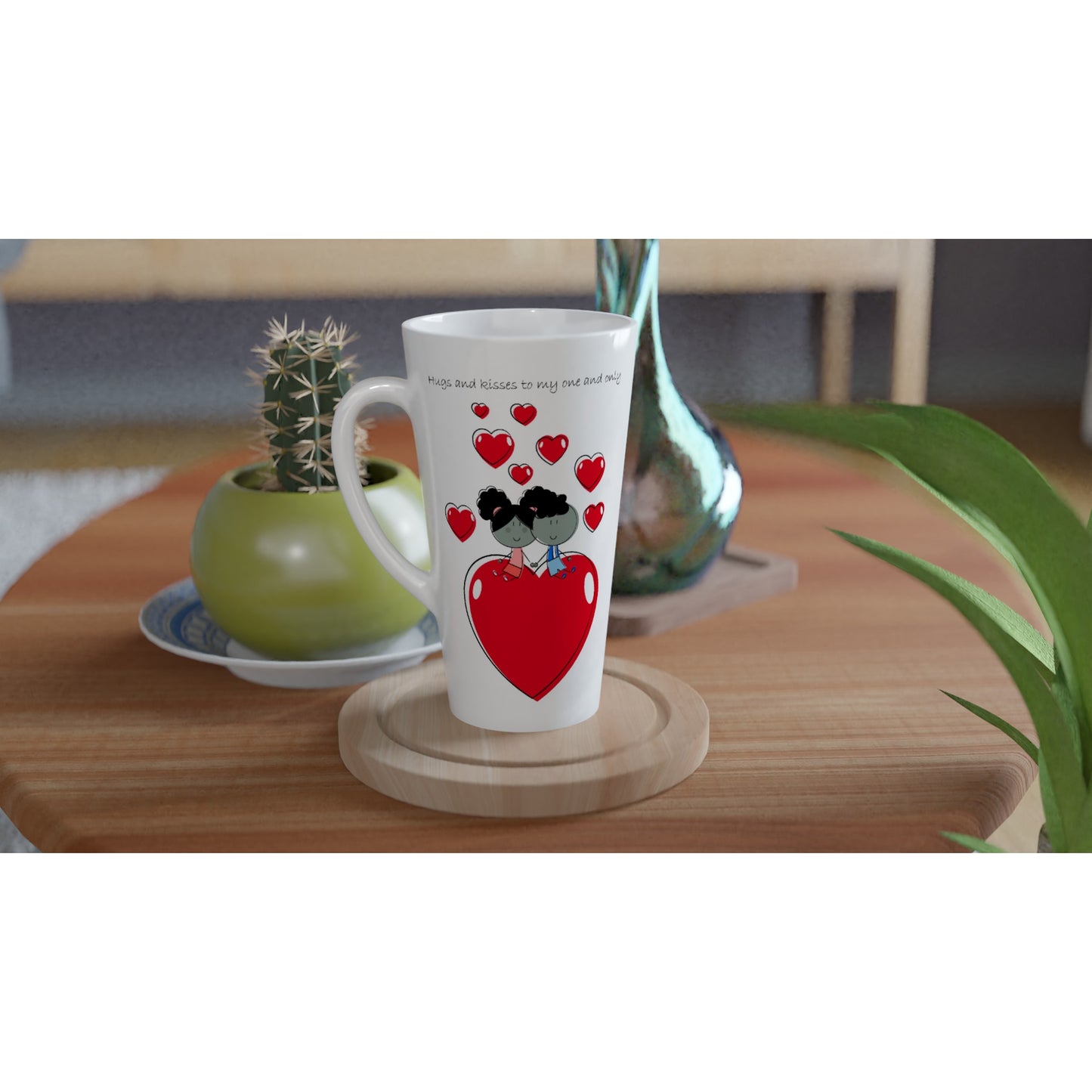 White Latte 17oz Ceramic Mug - Couple sitting and Holding Hands on a Heart - Valentine