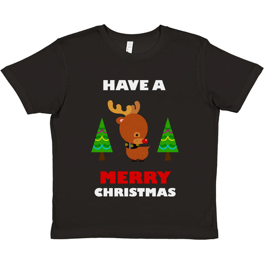 Premium Kids Crewneck T-shirt Baby looking Rudolf with Christmas trees