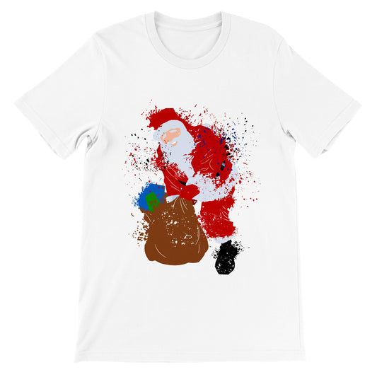 Womens Premium Unisex Crewneck T-shirt Santa with Presents- Splattered paint