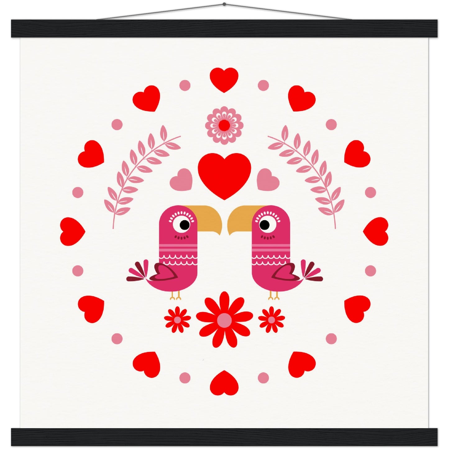 Museum-Quality Matte Paper Poster & Hanger - Birds Mirrored with Floral-Botanical and Circling Hearts - Valentine