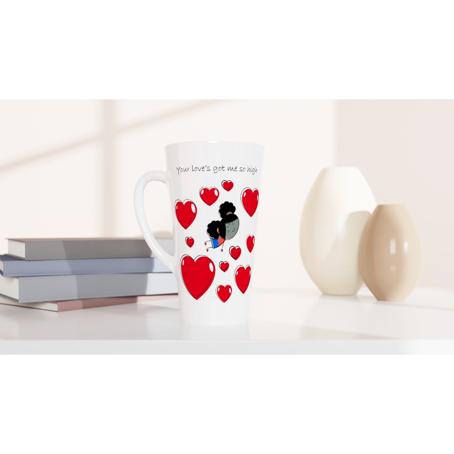 White Latte 17oz Ceramic Mug - White 15oz Ceramic Mug - Girl Flying Between Hearts - Valentine