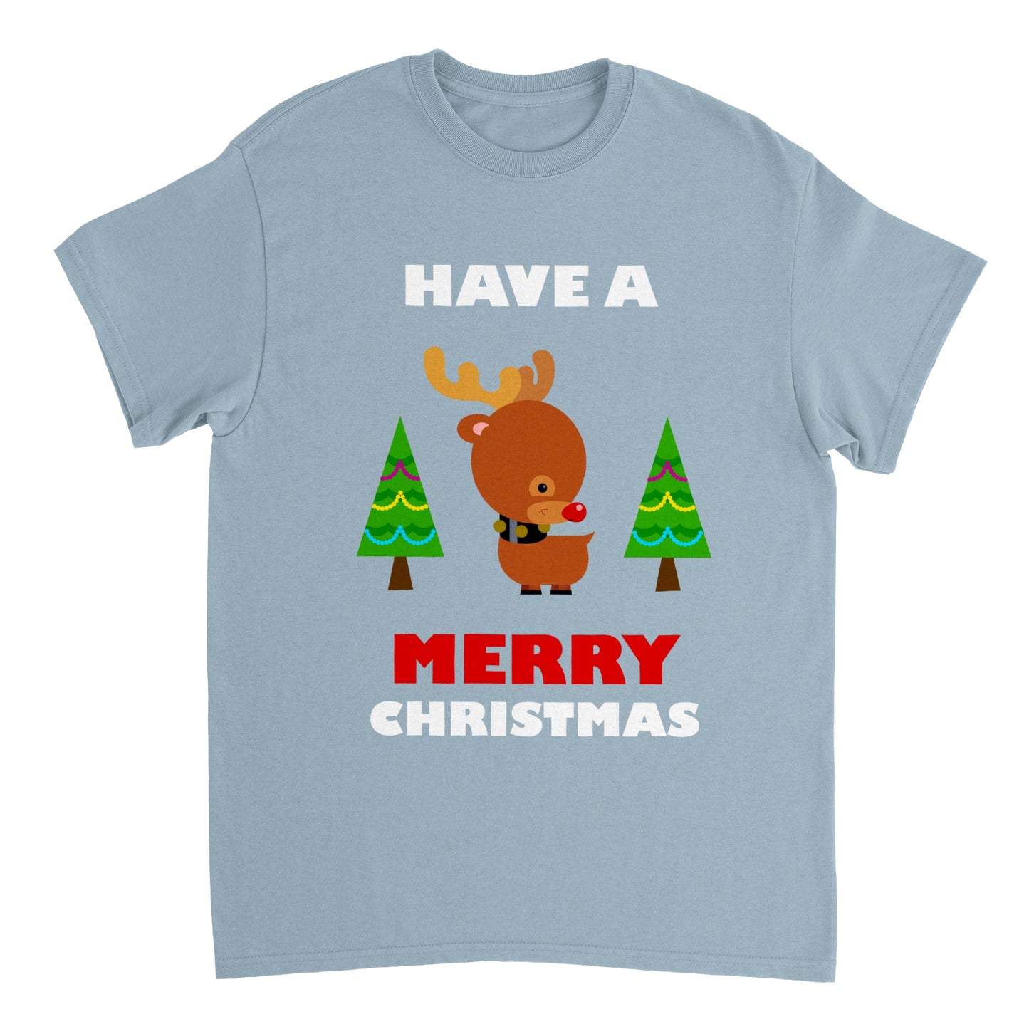 Womens Heavyweight Unisex Crewneck T-shirt Baby looking Rudolf with Christmas trees