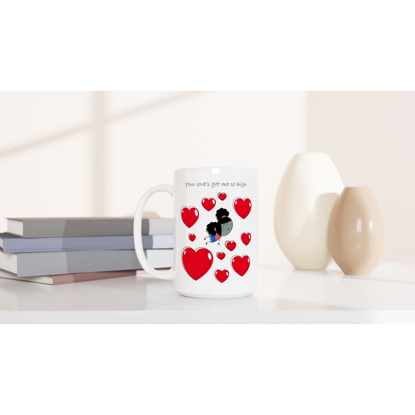 White 15oz Ceramic Mug - Girl Flying Between Hearts - Valentine