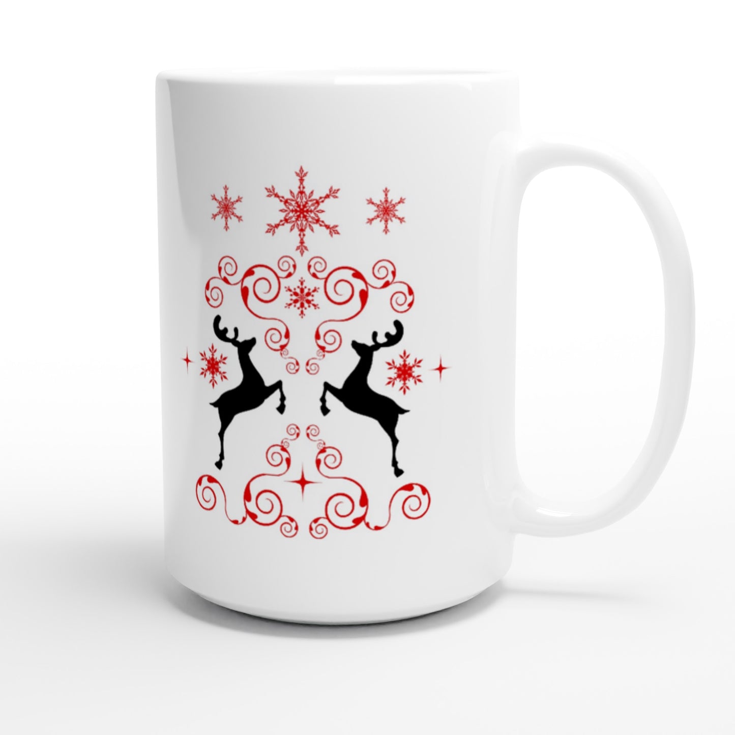 White 15oz Ceramic Mug reindeers-mirroring-snow crystals