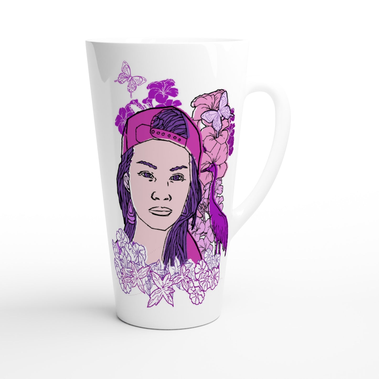 White Latte 17oz Ceramic Mug - Girl In Pink baseball cap - Nature And Floral