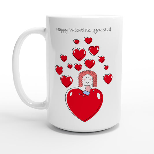 White 15oz Ceramic Mug - Girl sitting on Heart - Valentine