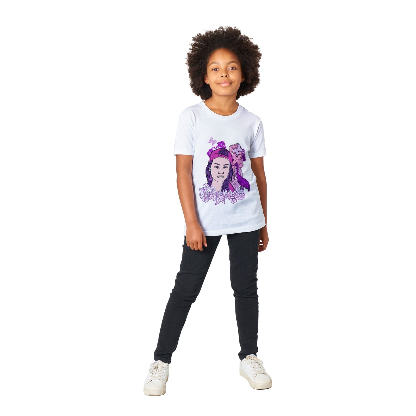 Premium Kids Crewneck T-shirt - Girl In Pink-Nature And Floral