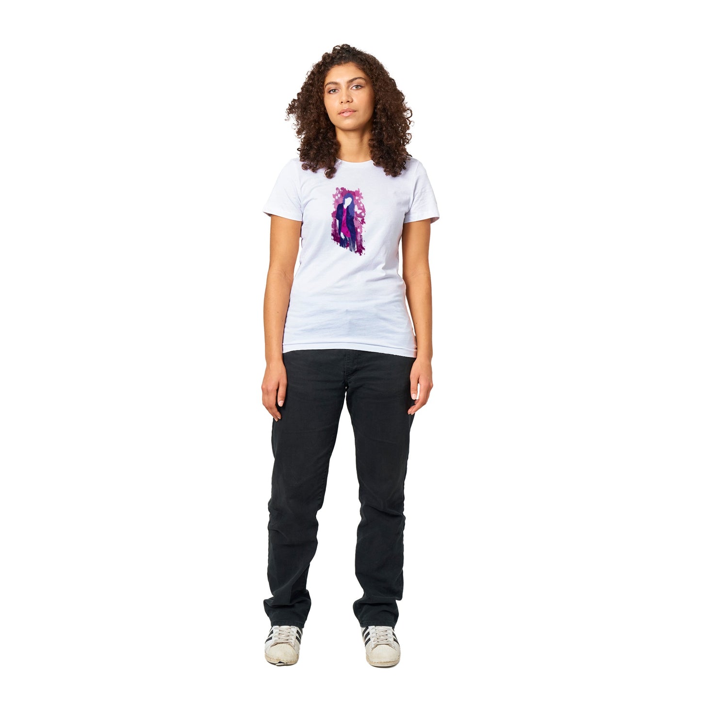 Premium Women's Crewneck T-shirt - Girl in Blue Jeans and Pink Shirt with City Skylines - Graphic Wash