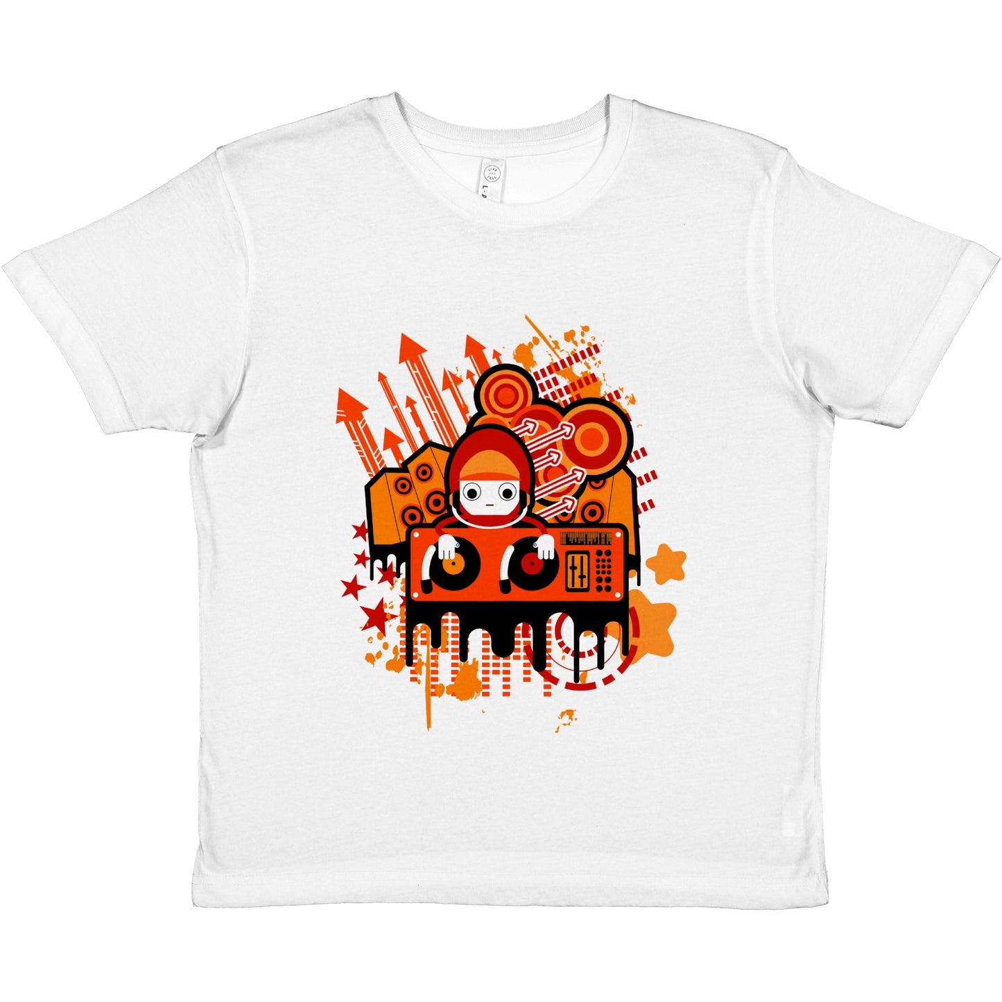 Premium Kids Crewneck T-shirt - Graphic Cartoon of a DJ on a Deck....Orange mixture.