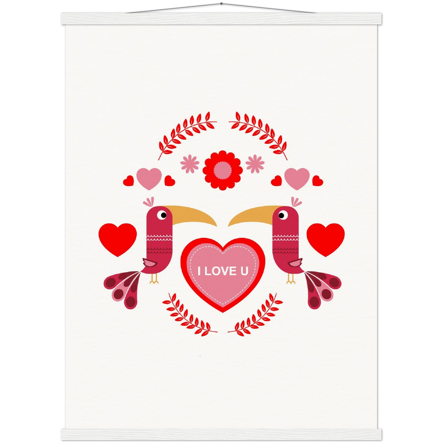 Museum-Quality Matte Paper Poster & Hanger - Birds Morrored with Floral-Botanical and Hearts - Valentine