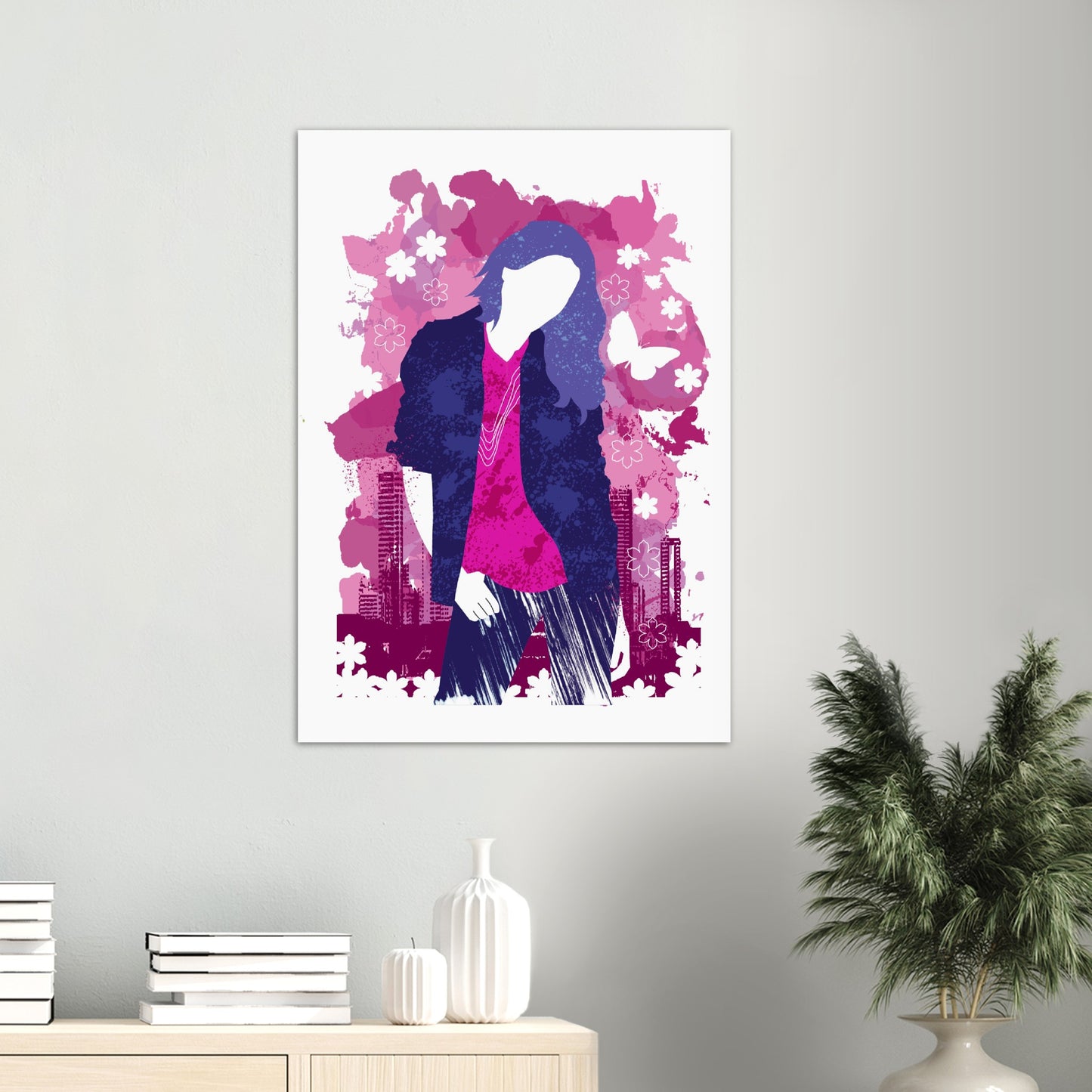 Premium Matte Paper Poster - Girl in Blue Jeans and Pink Shirt with City Skylines - Graphic Wash