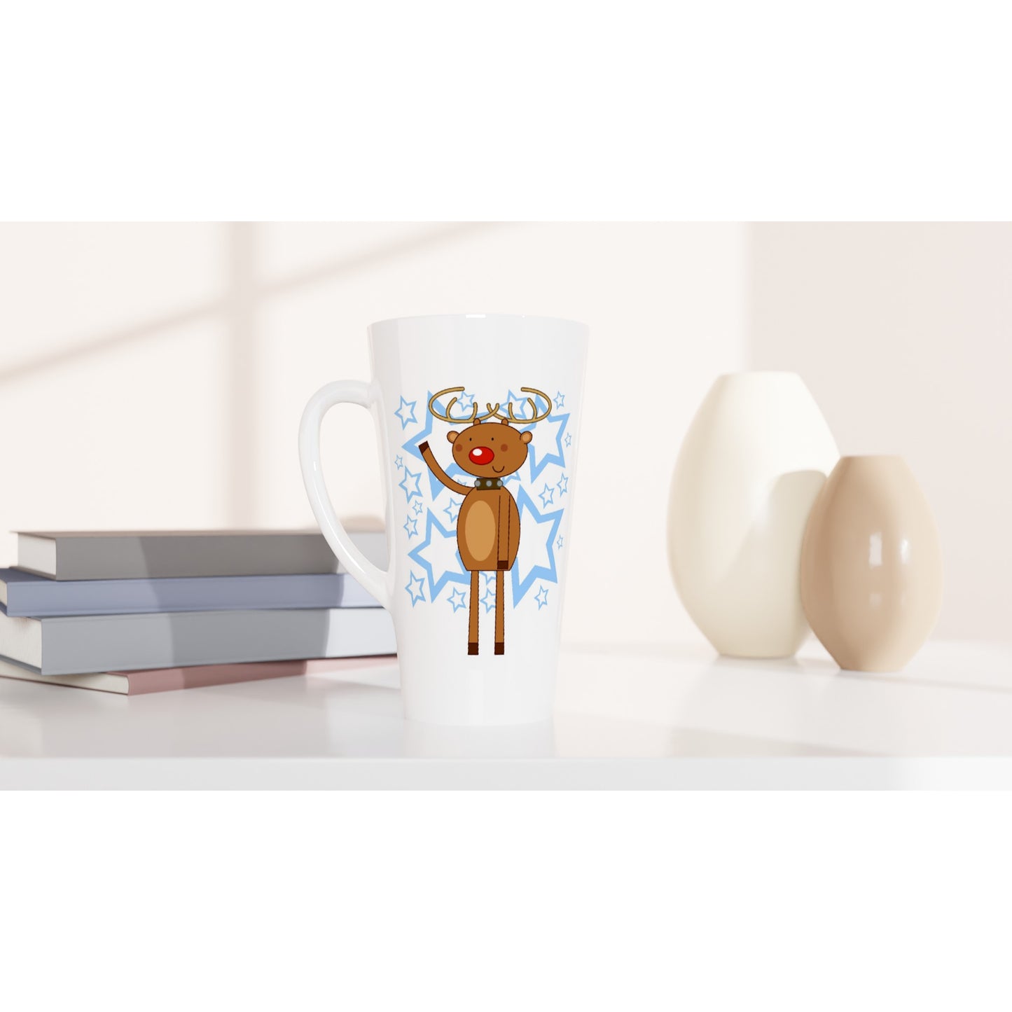 White Latte 17oz Ceramic Mug Rudolf waving-Stars - Cartoon