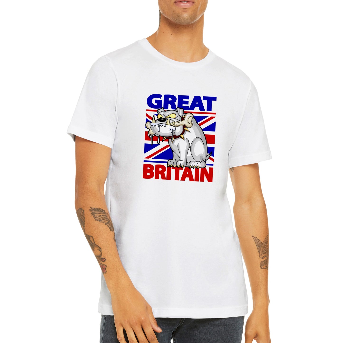 Premium Unisex Crewneck T-shirt - Cartoon Bulldog with bone and Union Jack Flag