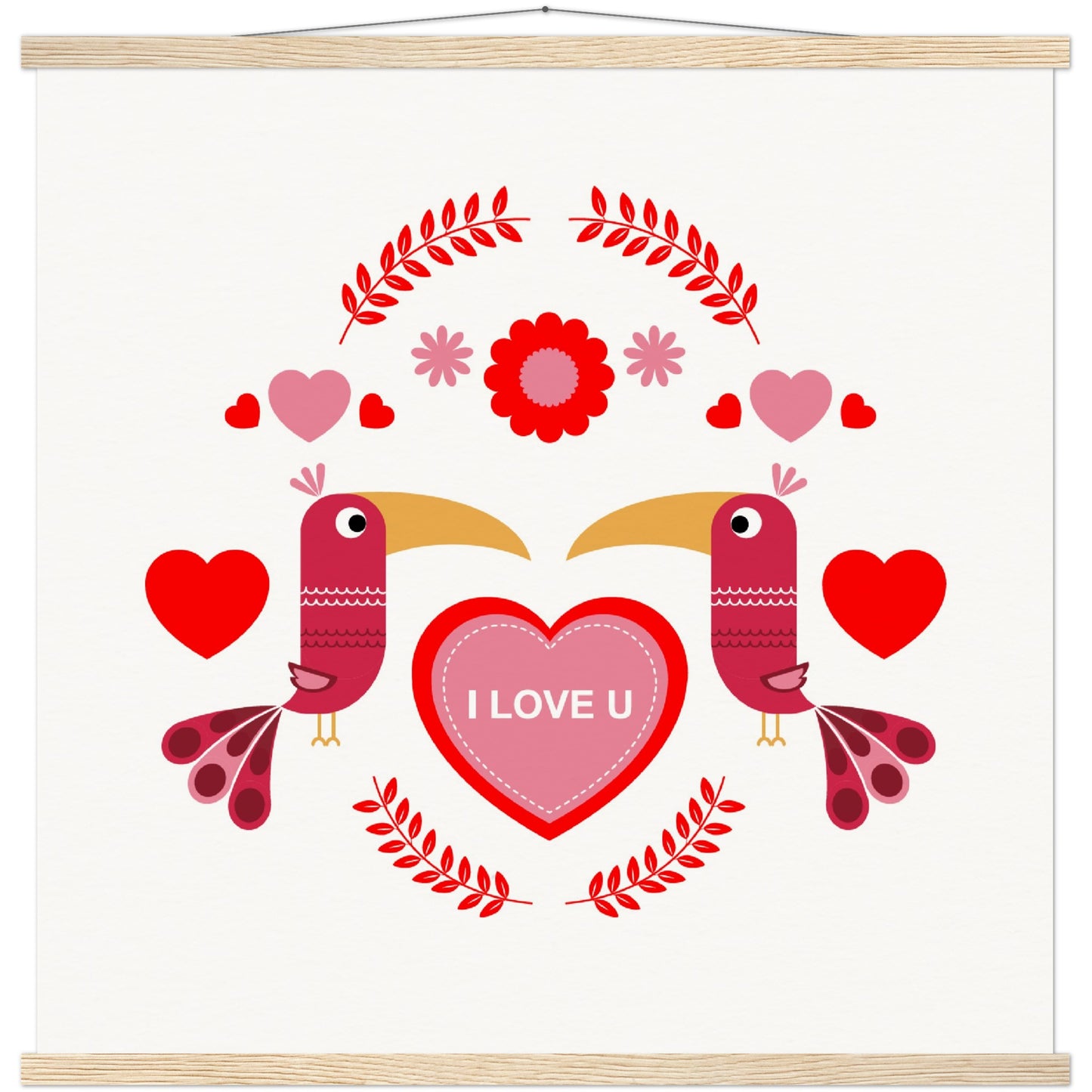 Museum-Quality Matte Paper Poster & Hanger - Birds Morrored with Floral-Botanical and Hearts - Valentine