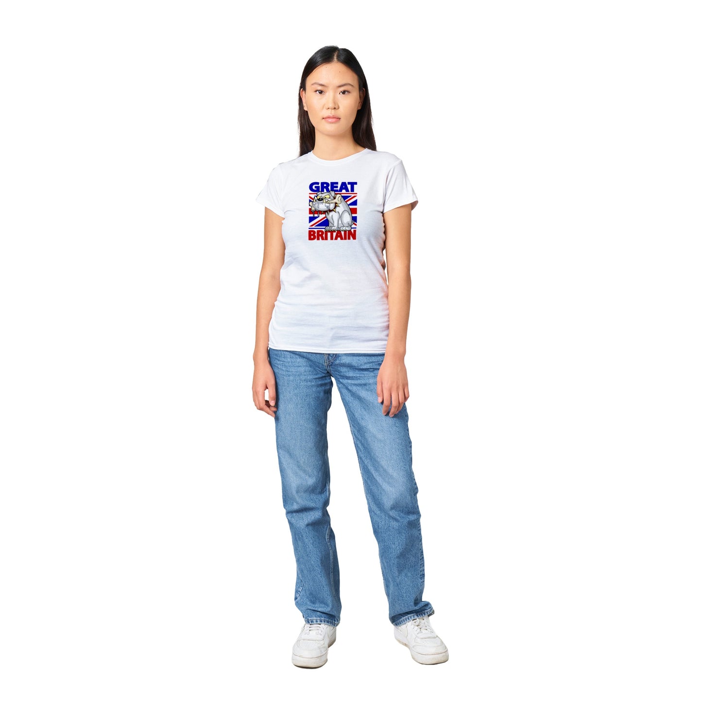 Classic Women's Crewneck T-shirt - Cartoon Bulldog with bone and Union Jack Flag