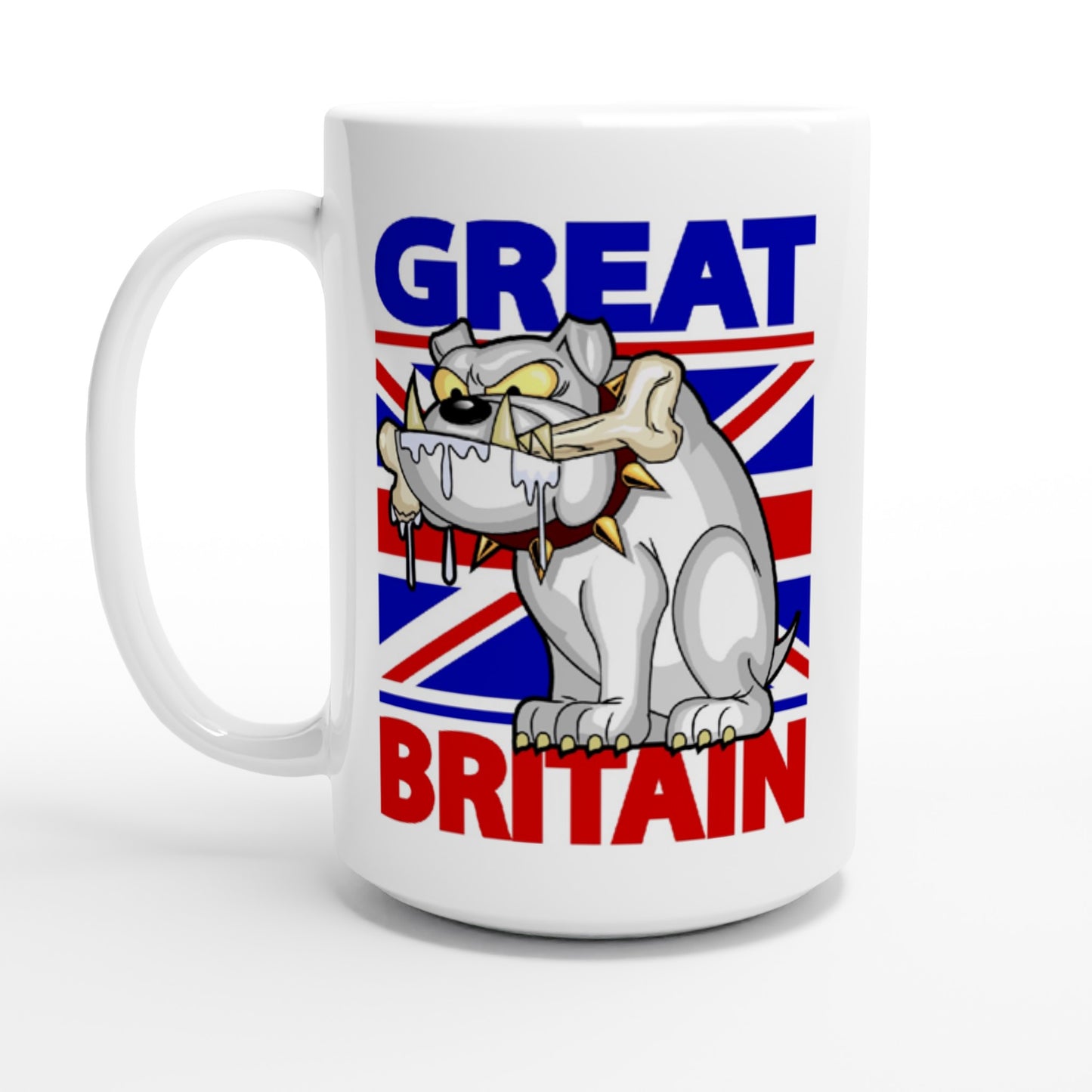 White 15oz Ceramic Mug - Cartoon Bulldog with bone and Union Jack Flag