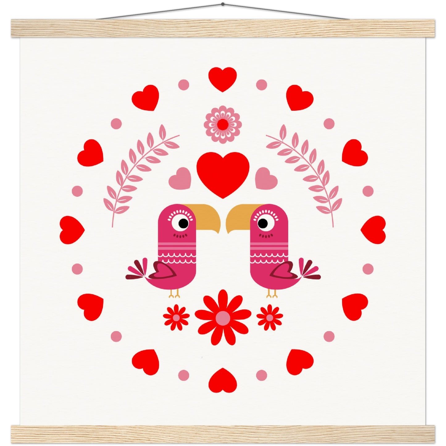 Museum-Quality Matte Paper Poster & Hanger - Birds Mirrored with Floral-Botanical and Circling Hearts - Valentine